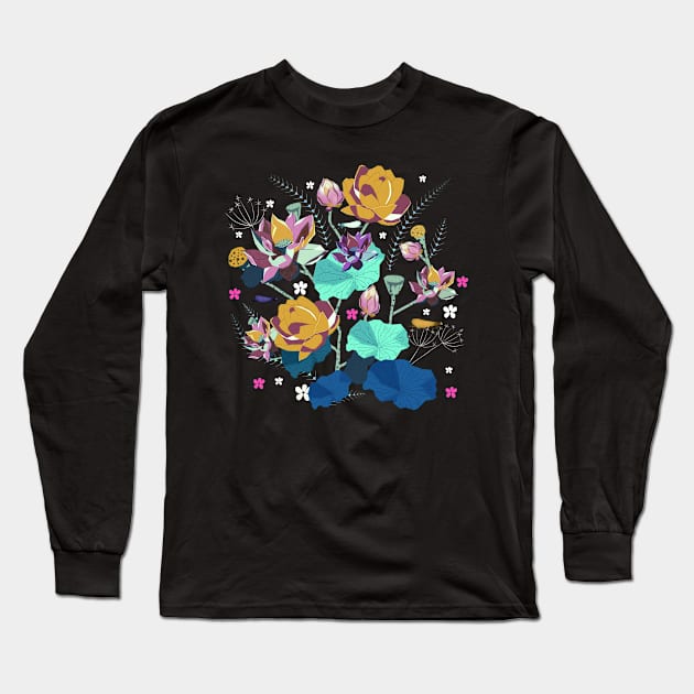 Dragon flies and Lotus Flowers _ Digital Pop Art Style _ Yellow and Blue Long Sleeve T-Shirt by Shadesandcolor